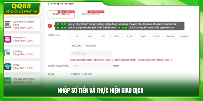 Điền số tiền cần nạp và tiến hành thanh toán